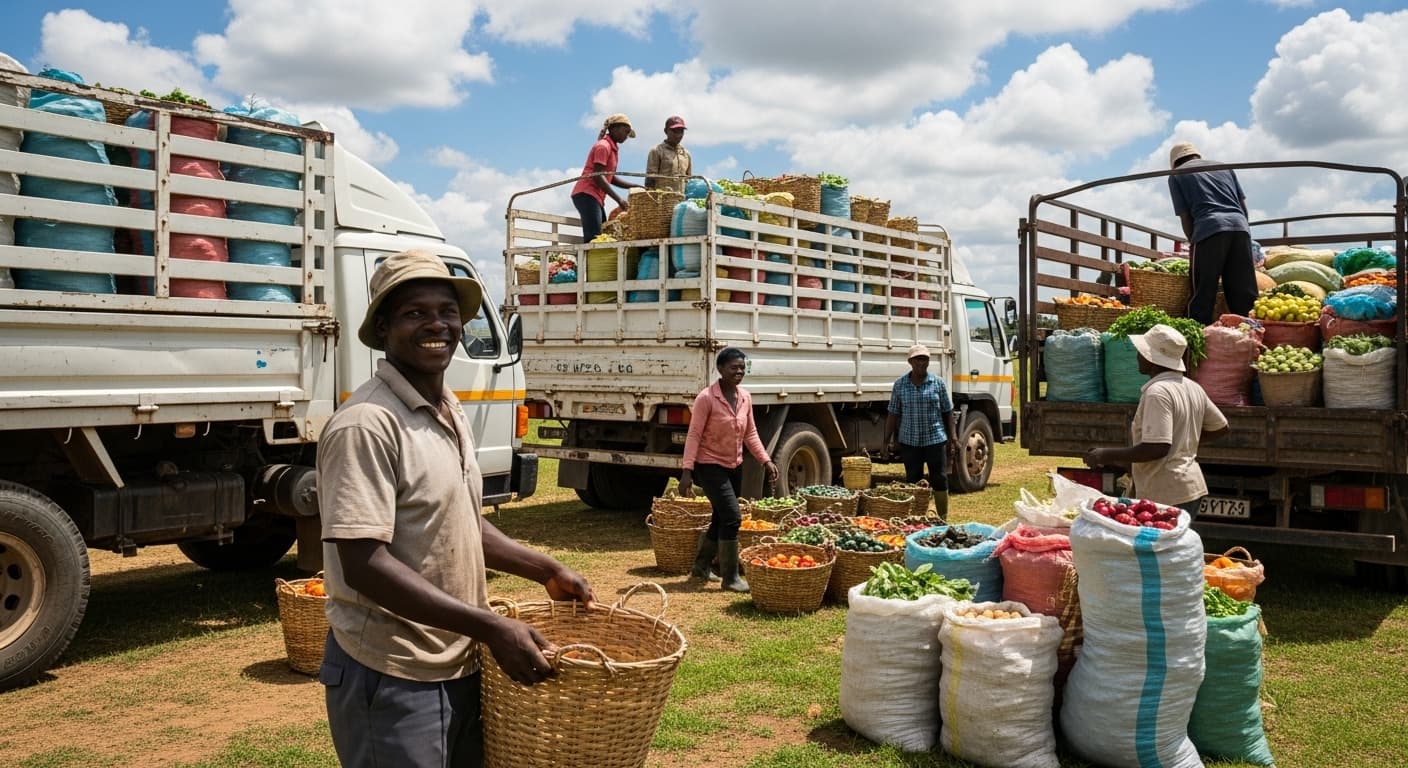 Farmers trading produce at an agricultural marketplace