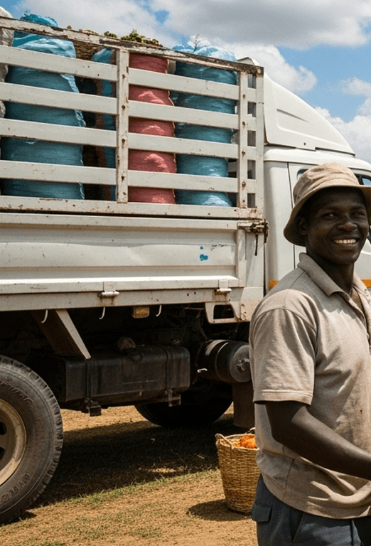 Smiling farmer with a basket of fresh produce beside a loaded truck