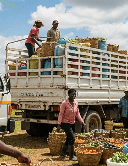 Farm workers loading baskets of vegetables onto a truck