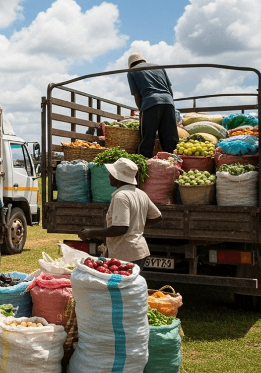 Farmers stacking colorful bags of produce onto a truck